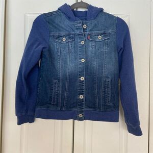 Levi's Kids XL Blue Hybrid Denim Jacket with Hooded Sweatshirt Sleeves